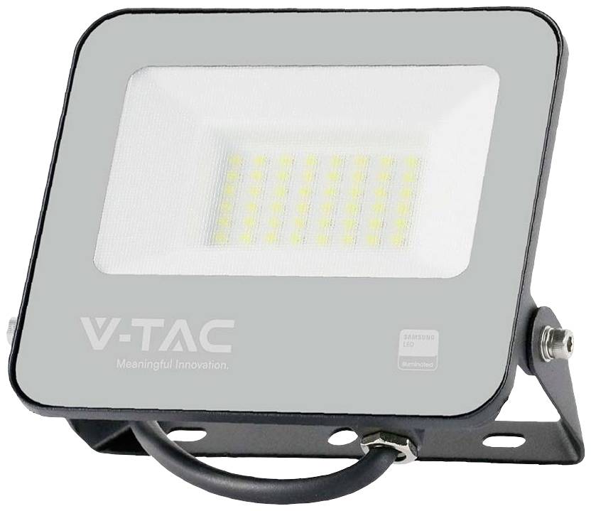 Ein rechteckiger LED-Flutlichtstrahler mit grauem Gehäuse und klarem Frontglas. Auf der Vorderseite steht 'V-TAC Meaningful Innovation'.