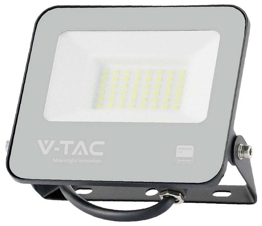 Ein rechteckiger LED-Fluter mit grauem Gehäuse von V-TAC, zeigt eine Reihe gelber Leuchtdioden. Produkt für Außenbeleuchtung.