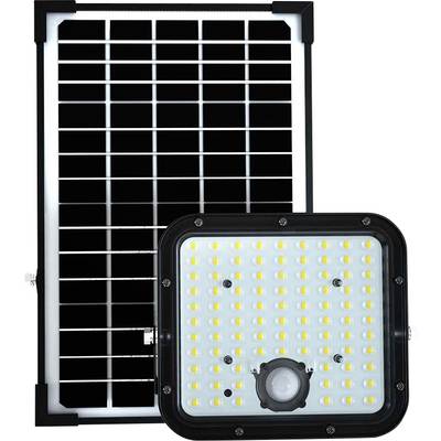 Solarbetriebenes LED-Licht mit schwarzem Solarpanel. LED-Einheit zeigt mehrere leuchtende Dioden und einen Bewegungssensor.