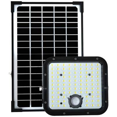 Solarlampe mit rechteckigem Solarpanel. Die Lampe hat viele kleine LED-Dioden und einen mittigen Sensor.