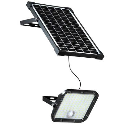 'Solarlampe mit angeschlossenem Solarpanel. Die Lampe hat zahlreiche LED-Lichter und ist mit einem Kabel direkt mit dem Panel verbunden.'