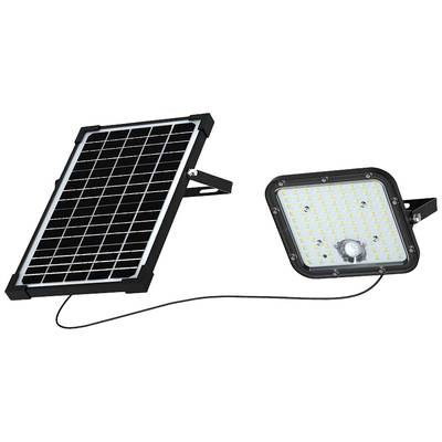 'Solarmodul und LED-Außenleuchte, verbunden durch ein Kabel. Das Solarpanel fängt Sonnenlicht ein, um die Leuchte zu betreiben.'