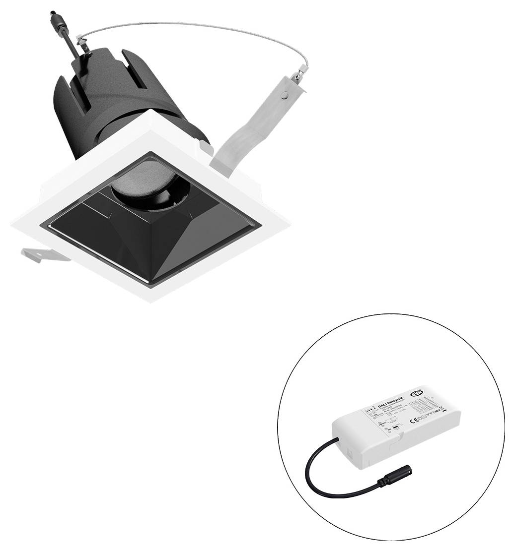 Bündig eingebaute quadratische Downlight-Leuchte mit integriertem Vorschaltgerät/Stromversorgung, dargestellt in einem Kreis eingefügt.