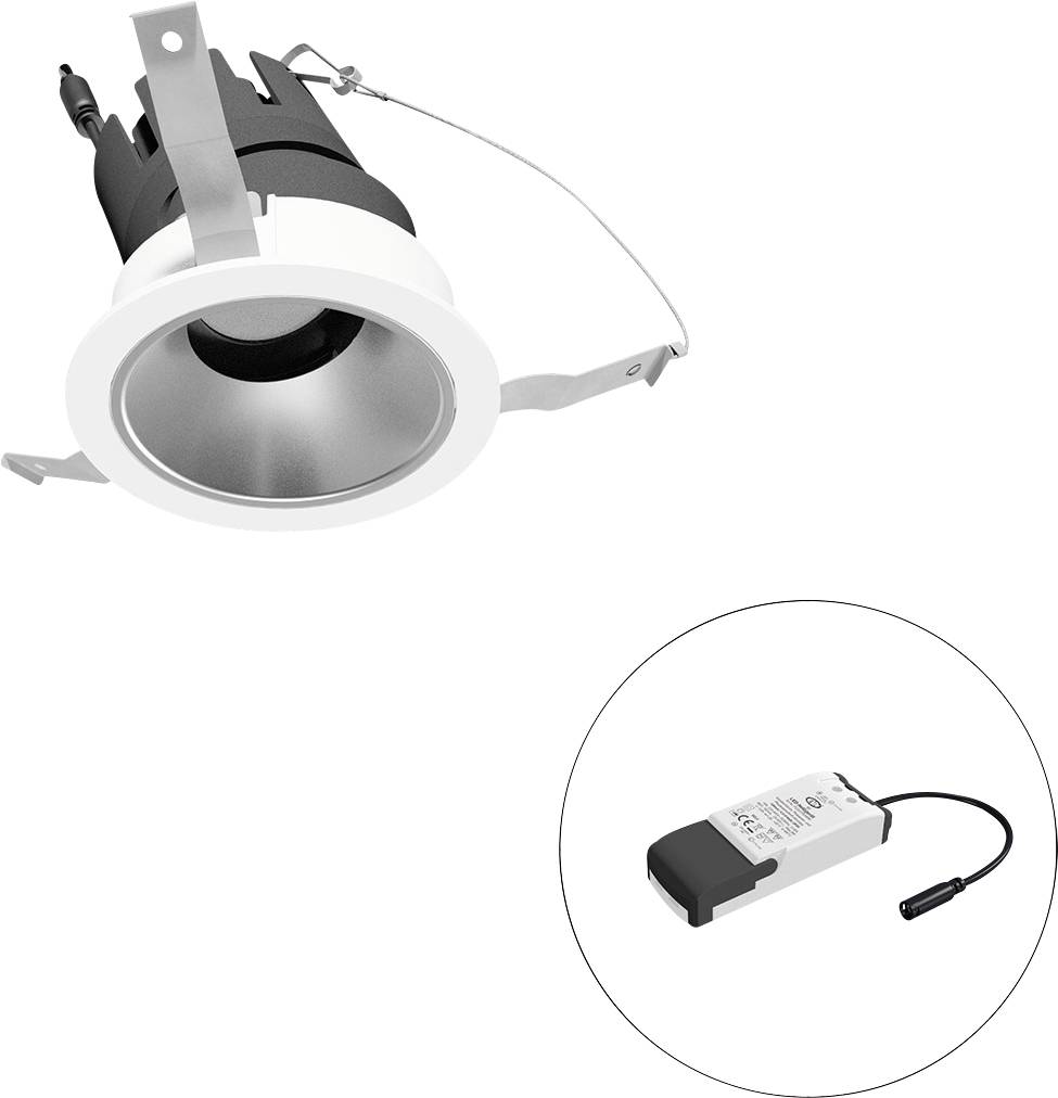 Eingelassene LED-Einbauleuchte mit Federklemmen, plus ein separates Vorschaltgerät/Netzteil, das in einem Kreis dargestellt ist.