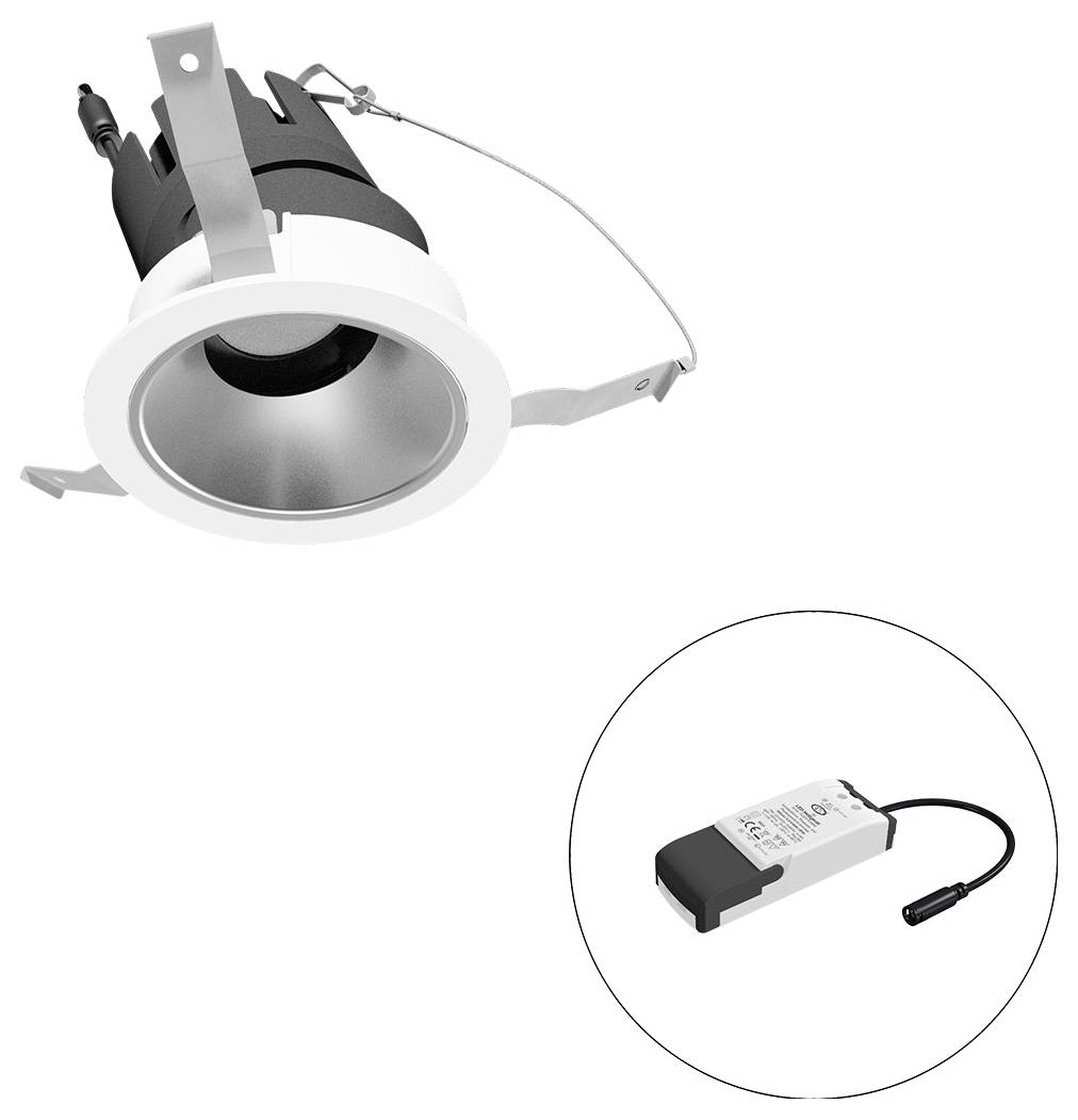 Eingebaute LED-Downlight mit Federklemmen, dargestellt mit seinem externen Treiber in einer kreisförmigen Einfassung.
