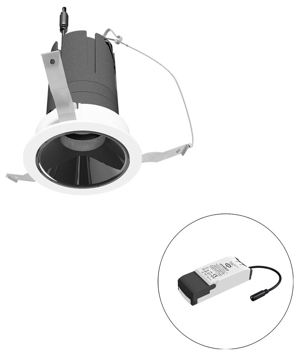 Eingebauter LED-Einbaustrahler mit einer runden Blende und Befestigungsfedern, plus ein separates Treibermodul in einem eingefügten Kreis dargestellt.