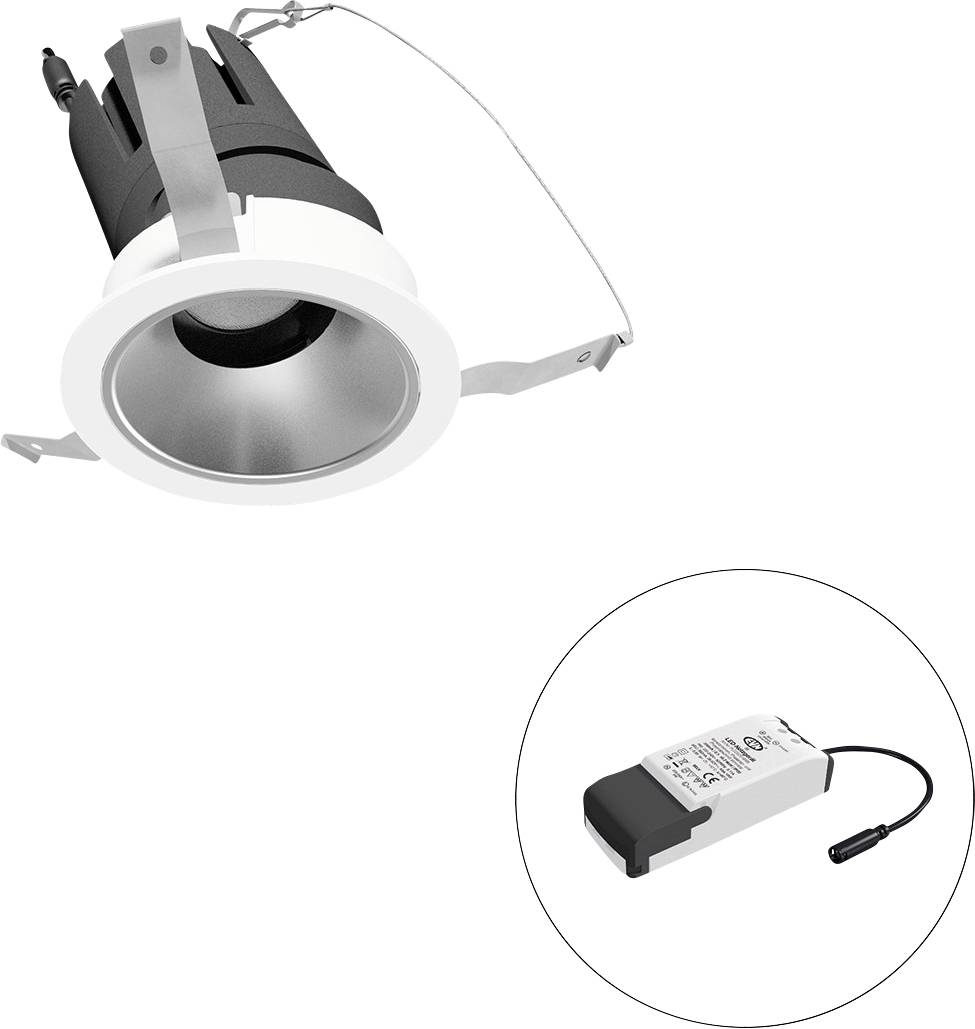 Eingelassene Downlight-Leuchte mit separatem LED-Treiber/Netzteil, dargestellt in einem Kreis.