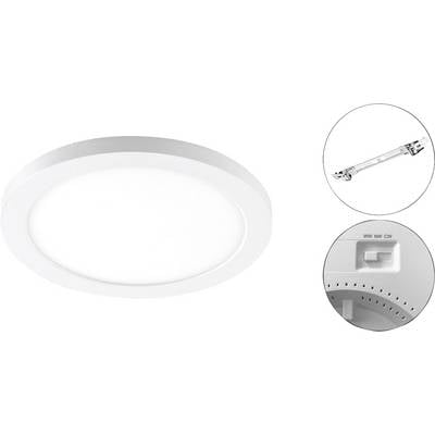 Rundes weißes Deckenlichtpaneel mit Fernbedienung und verstellbarem Schalter, dargestellt in vergrößerten Detailaufnahmen.