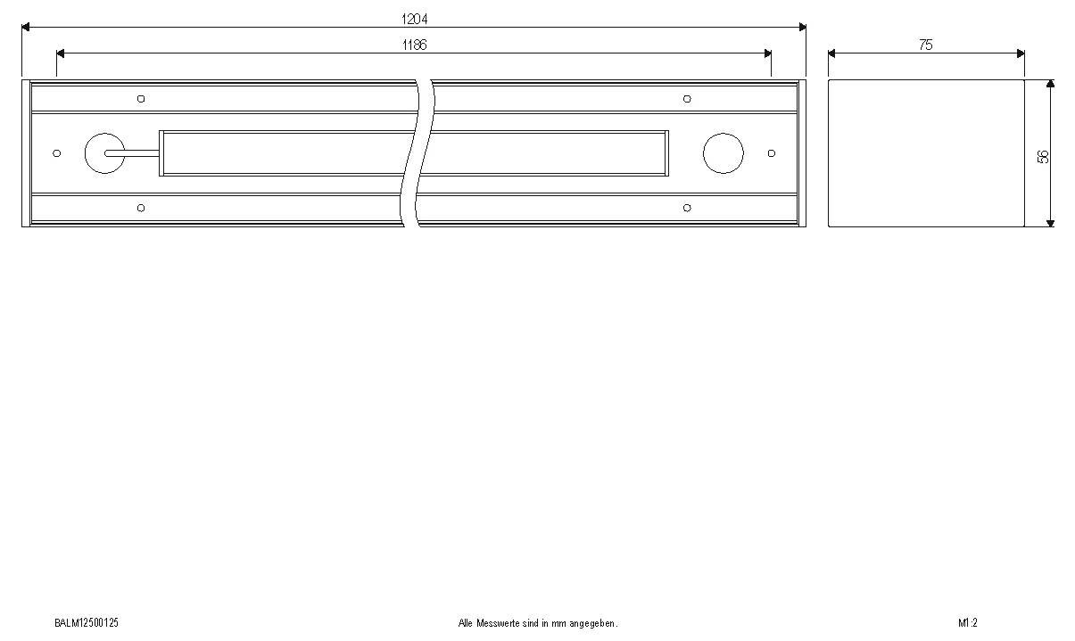 Technische Zeichnung einer rechteckigen Metalleinheit, 1204 mm lang und 75 mm breit, mit einem zentralen Schlitz, kreisförmigen Endfunktionen und Befestigungslöchern.