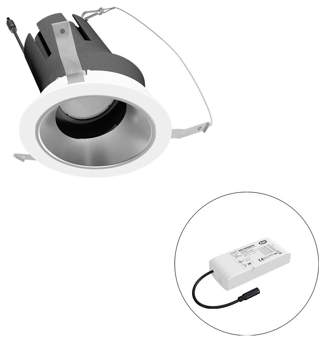 Eingebauter LED-Einbaustrahler mit Federklemmen und separatem Treiber, dargestellt in einer Kreiseinblendung.
