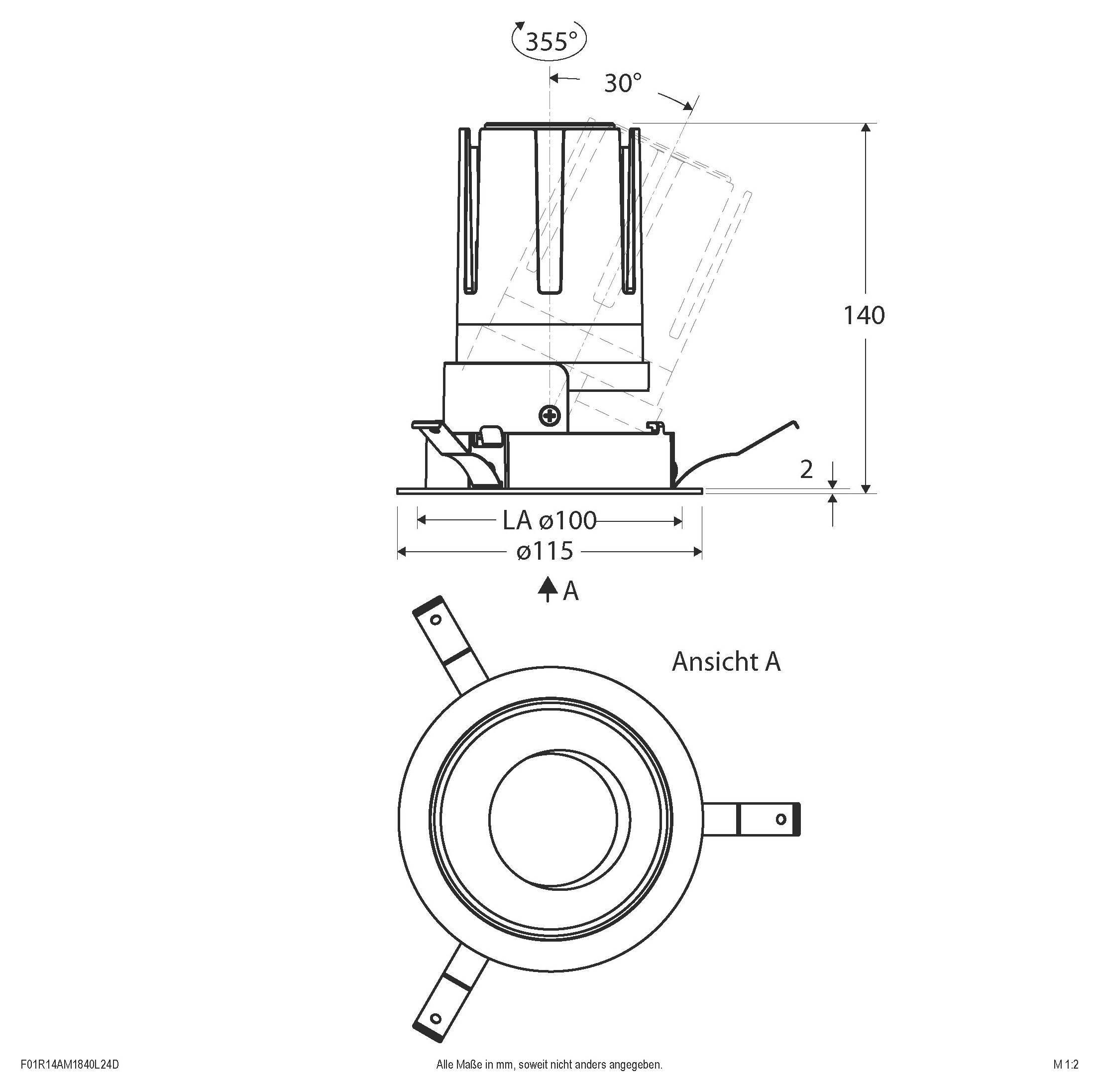 Technische Zeichnung einer kreisförmigen Vorrichtung mit Draufsicht und Seitenansicht, mit Rotationswinkel 355°, Neigung 30° und Abmessungen 140, 115 und 100 mm.