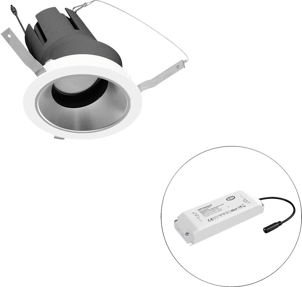 Eingelassene Downlight-Leuchte mit separatem LED-Treiber, dargestellt in einem Insetkreis.