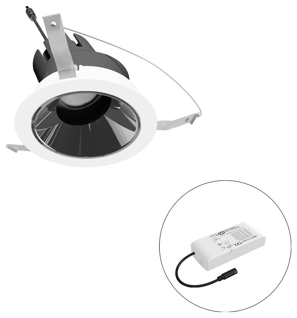Eingebaute LED-Downlight mit Federklemmen und integriertem Treiber, dargestellt mit separater Stromversorgung im Detailausschnitt.