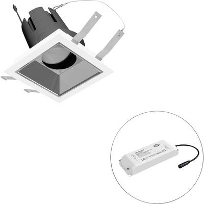 Quadratische LED-Einbauleuchte mit externem Treiber, dargestellt in einem Kreis eingefügt.
