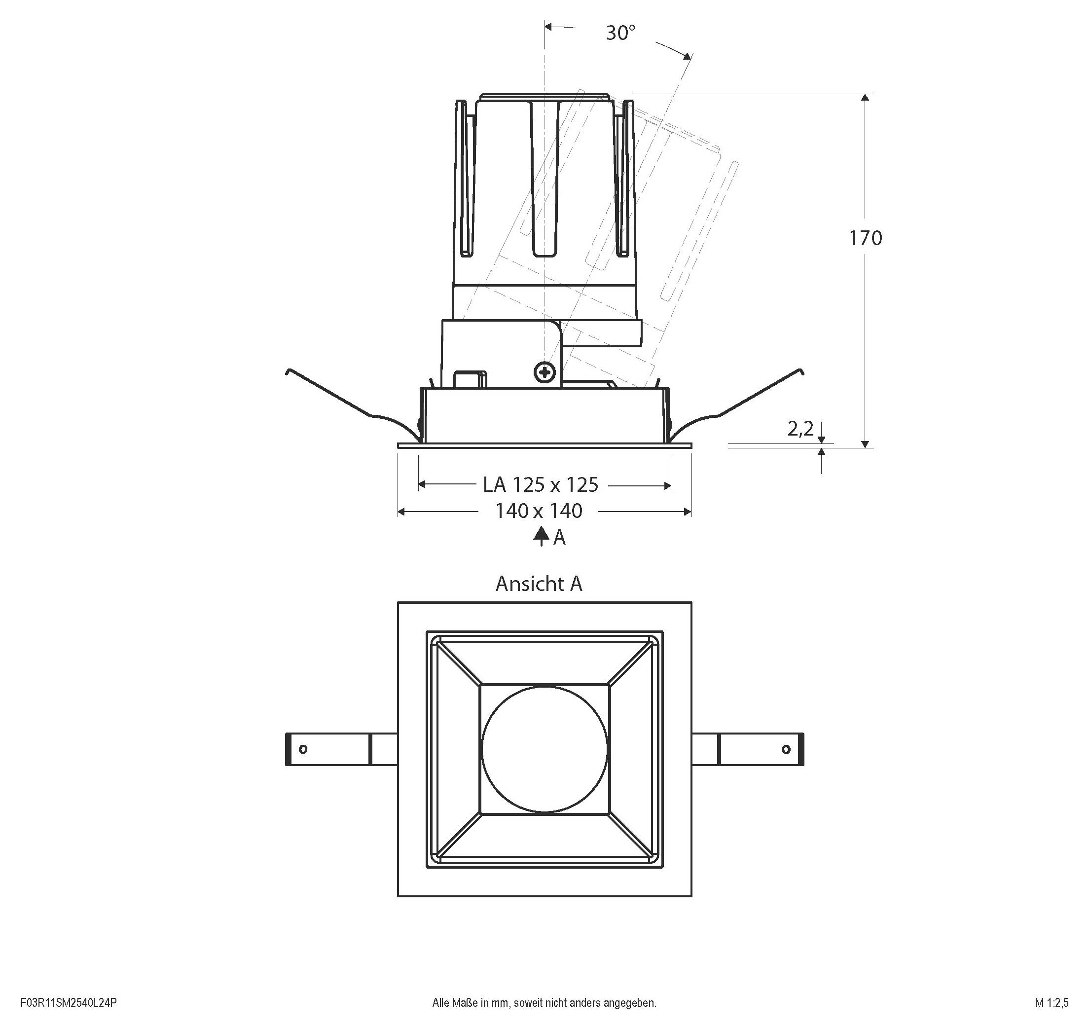 Technische Zeichnung einer quadratischen Montagebasis mit Seiten- und Draufsicht, die eine 30°-Neigung, eine Höhe von 140 mm und Basisdimensionen von 100 x 100 oder 112 x 112 zeigt.