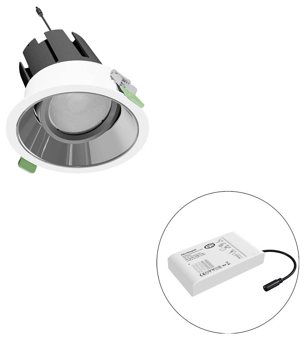 Flächenbündiges LED-Einbaustrahler mit separatem Netzteil, das im Ausschnitt dargestellt ist und die Leuchte sowie ihre Stromversorgungsverbindung zeigt.