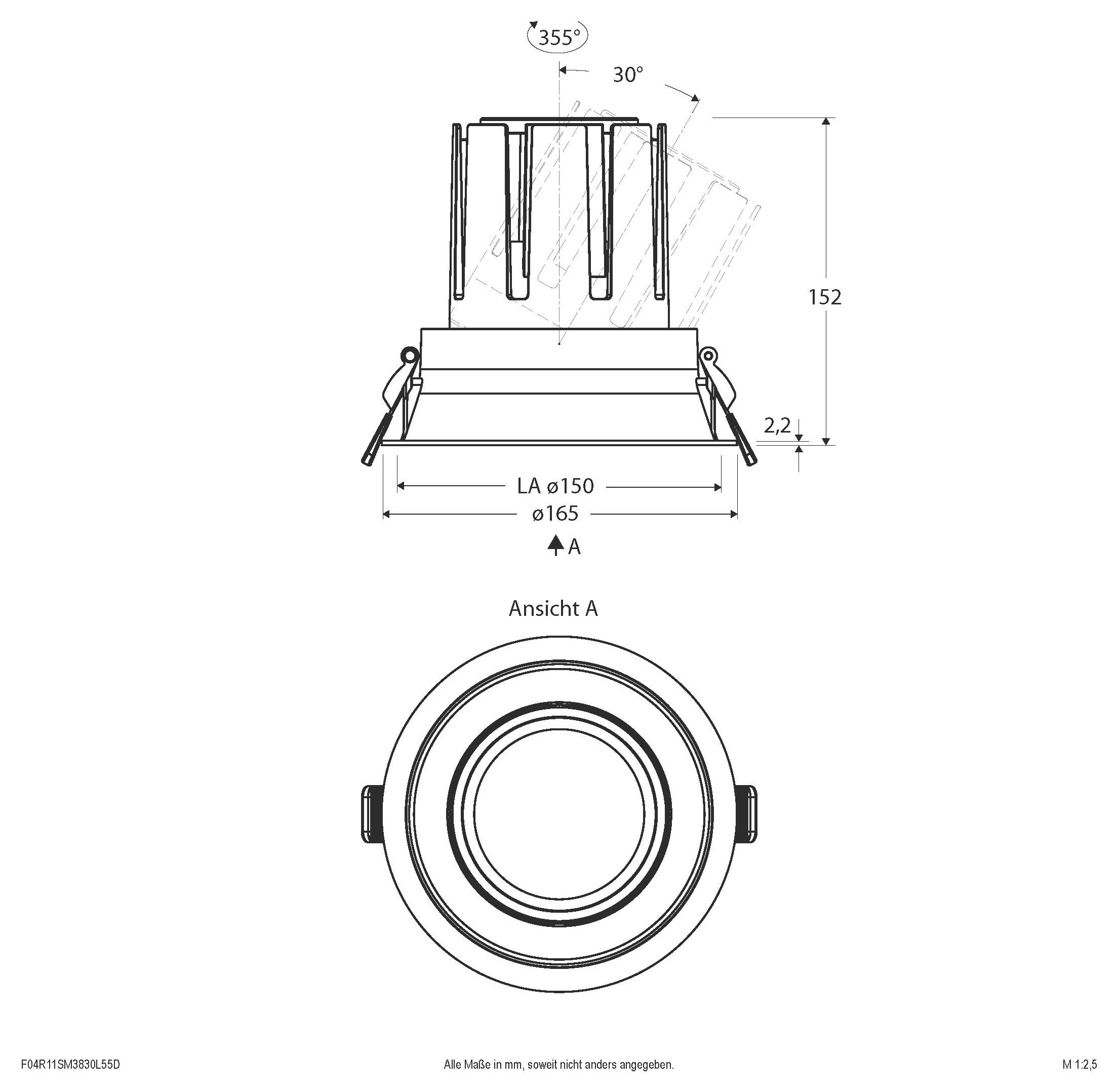Technische Zeichnung einer runden Leuchte mit Vorder- und Draufsicht, mit Drehbereich 355°, 30° Neigung und Abmessungen einschließlich 152 mm Höhe und ø150/ø165 mm.