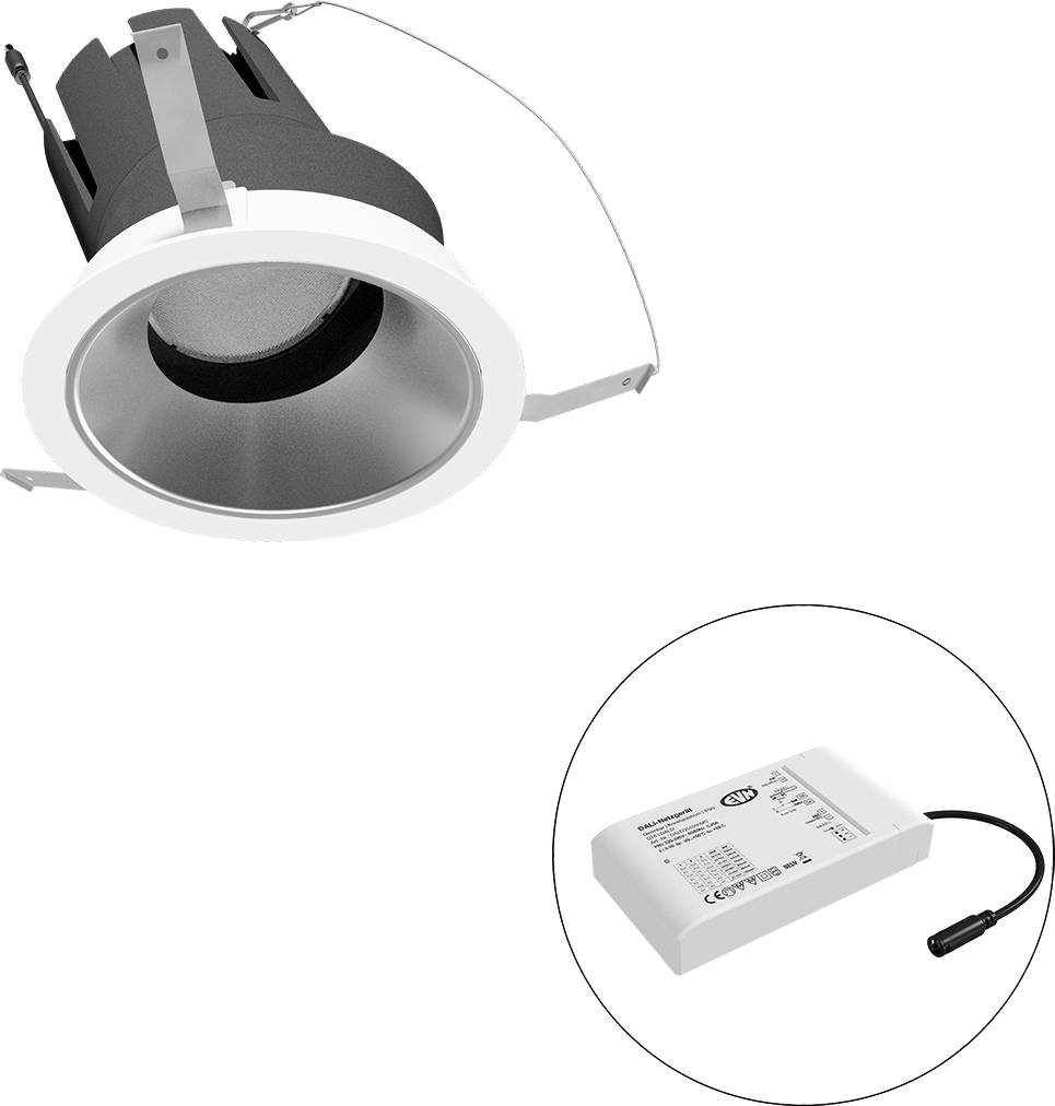 Eingelassene LED-Einbauleuchte mit separatem Treiber/Netzteil in einem Inset-Kreis dargestellt.