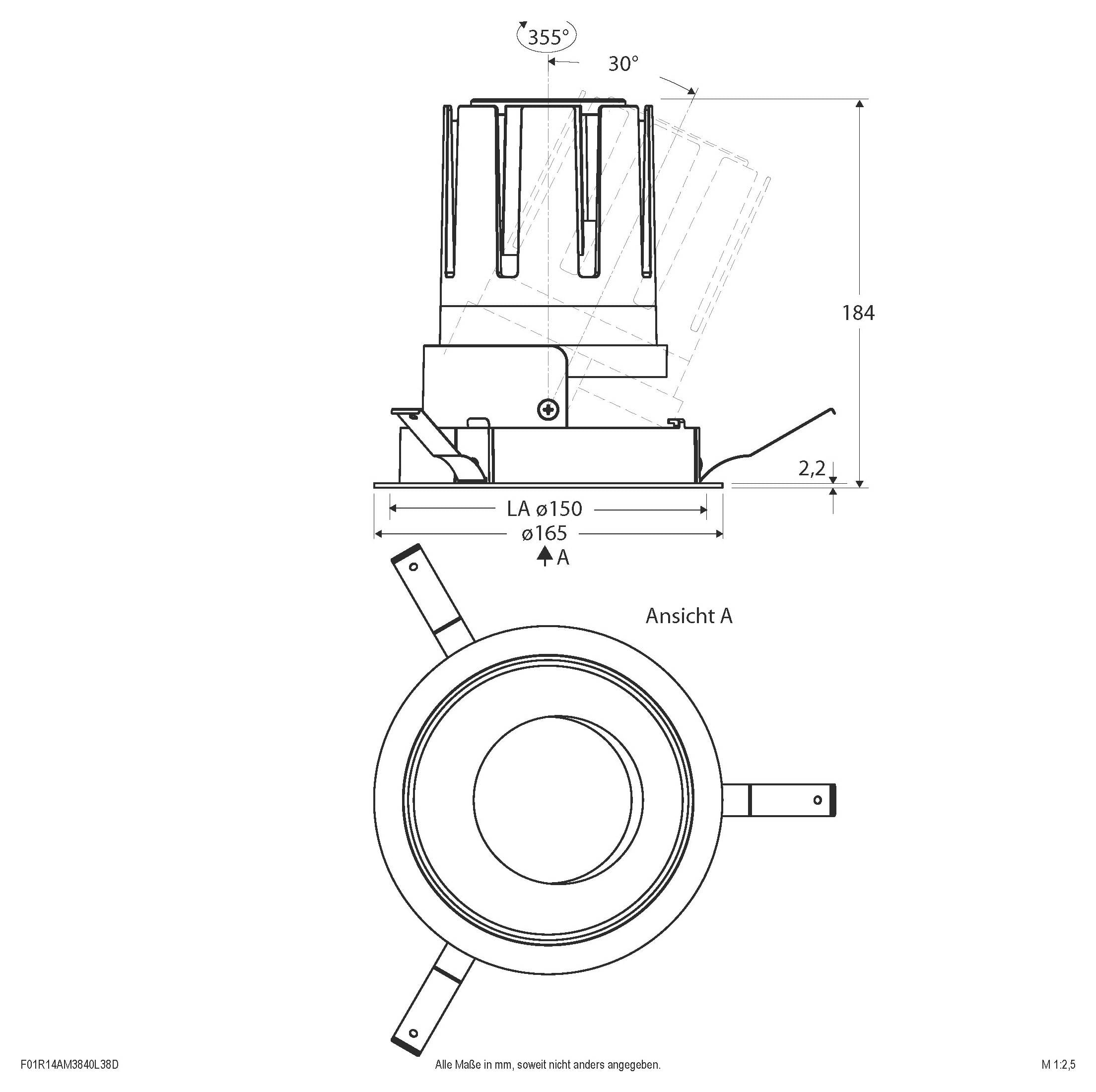 Technische Zeichnung einer kreisförmigen verstellbaren Armatur, Seiten- und Draufsicht mit Abmessungen, Rotationswinkel 355°, 30°, Durchmesser Ø165 und Länge LA ø150.