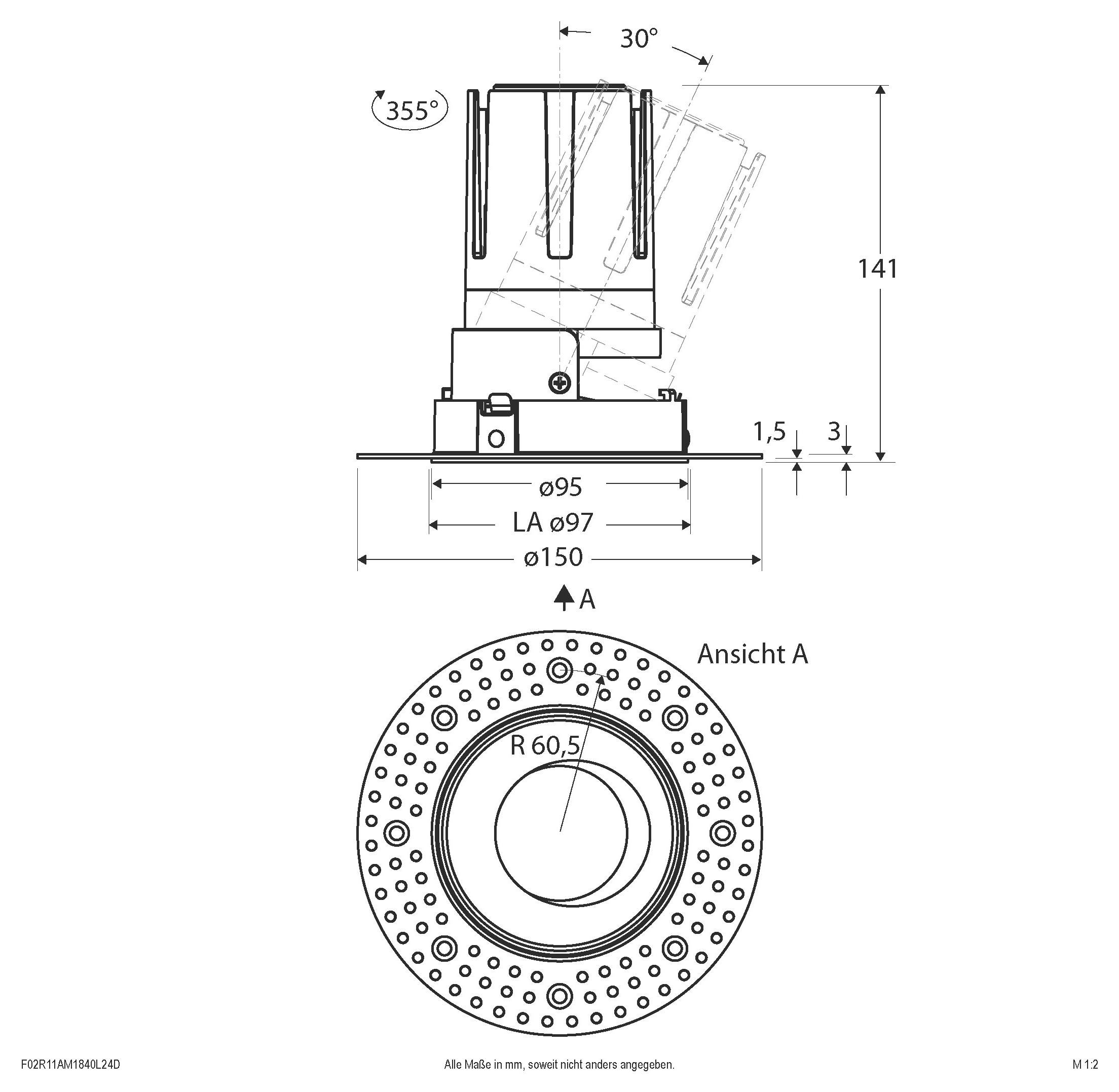 Technische Maßstabzeichnung eines kreisförmigen mechanischen Bauteils mit Seiten- und Draufsicht mit Größenangaben, 355° Drehung, 30° Neigung und wichtigen Durchmessern und Höhe.
