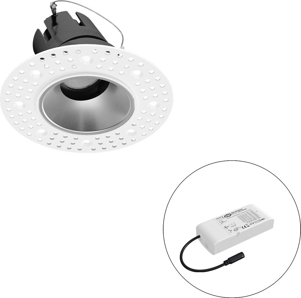 Eingebauter LED-Downlight mit separatem Treibergehäuse in einem Kreis dargestellt.