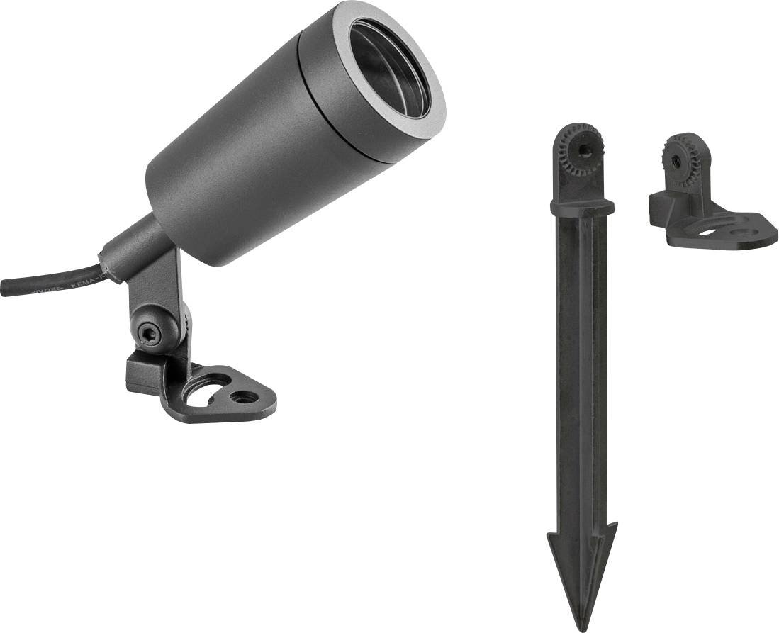Schwarzer Outdoor-Strahler mit verstellbarer Halterung, gezeigt mit Bodenspiess und separater Halterung für Installationsoptionen.