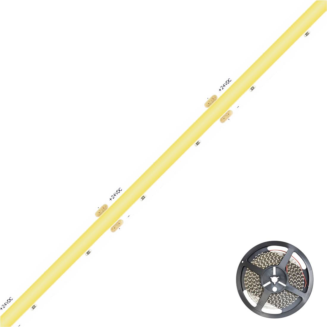 Gelber LED-Streifenlichter auf einer Rolle, diagonal dargestellt mit kleinen Befestigungsclips und '+24VDC'-Markierungen; die Rolle befindet sich unten rechts.