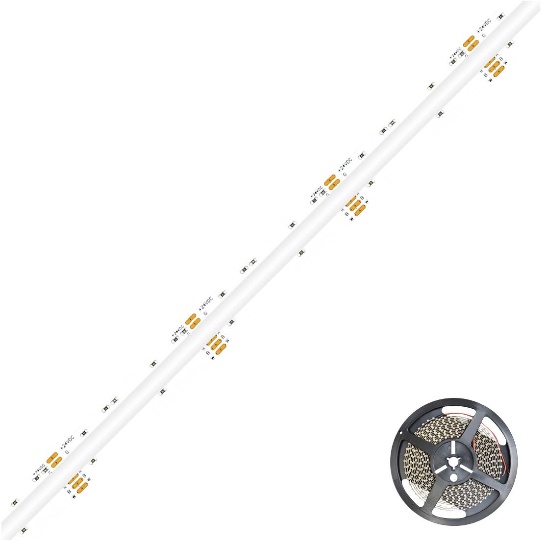 Eine Rolle weißer LED-Streifenbeleuchtung wird diagonal angezeigt, mit einer Spule des Streifens unten rechts auf einem einfachen weißen Hintergrund.