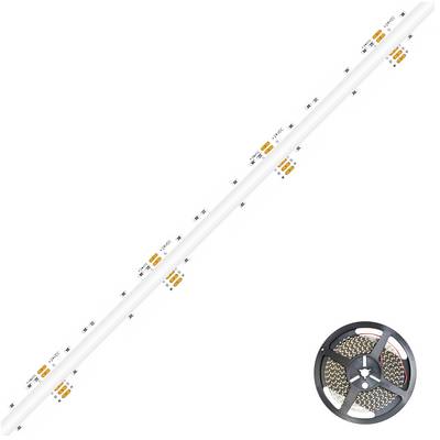 Eine Rolle weißer LED-Streifenbeleuchtung wird diagonal angezeigt, mit einer Spule des Streifens unten rechts auf einem einfachen weißen Hintergrund.
