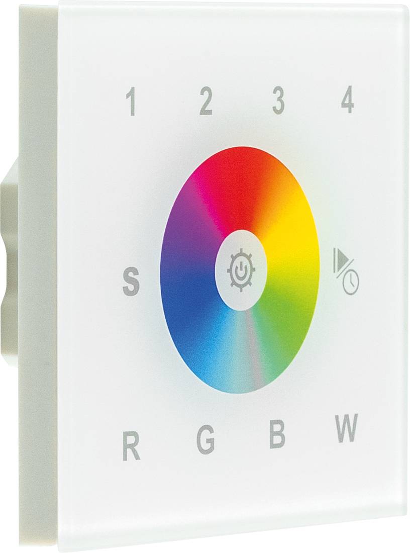 Wandmontiertes Touch-Panel für RGBW-Beleuchtung, zeigt ein Farbrad, nummerierte Voreinstellungen 1-4 und Steuerungen mit den Bezeichnungen S, R, G, B, W.
