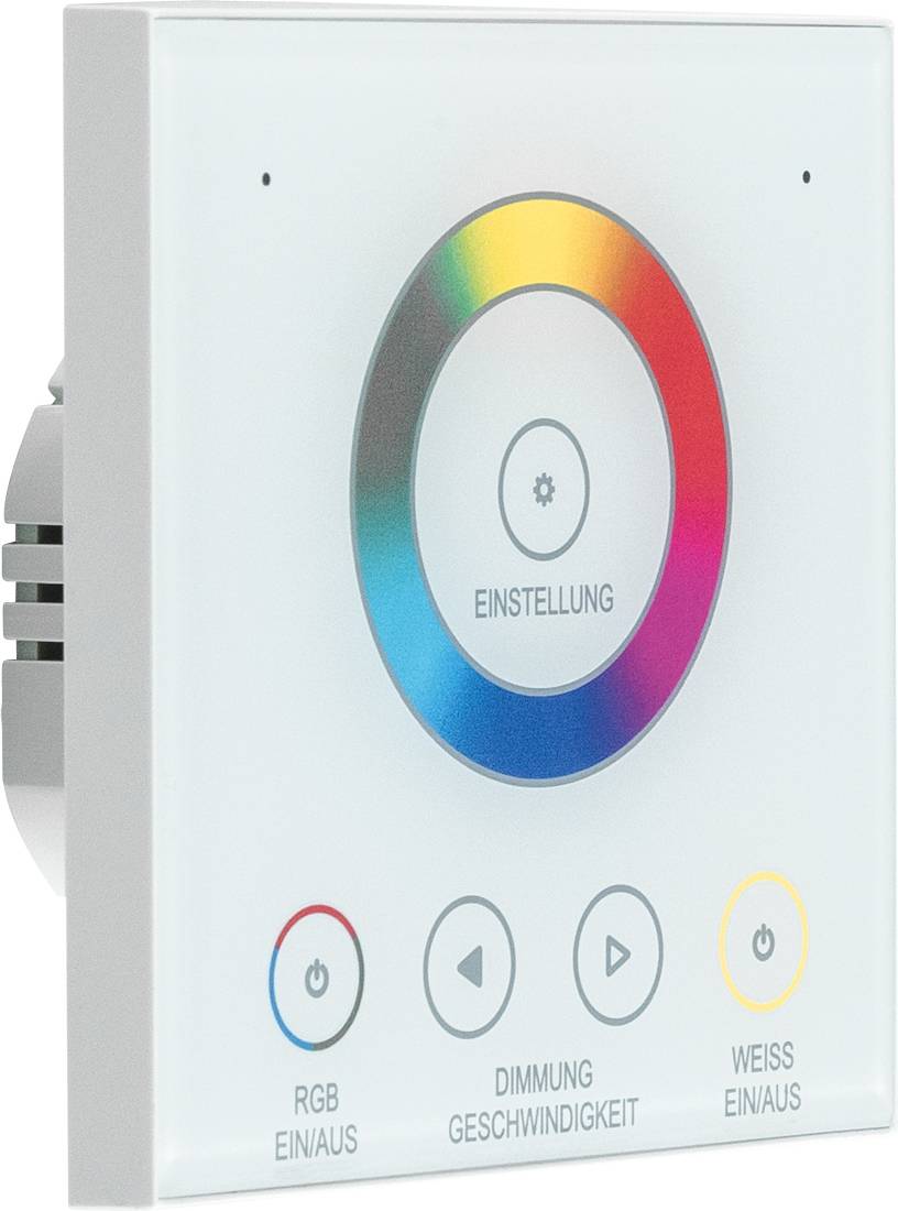Wandmontiertes weißes Bedienfeld mit Farbrad und Schaltflächen mit den Aufschriften „RGB EIN/AUS", „DIMMUNG GESCHWINDIGKEIT" und „WEISS EIN/AUS".