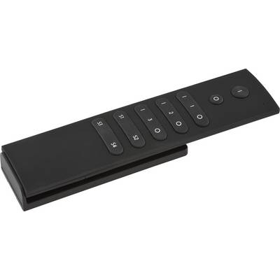 Schwarze Fernbedienung mit Schaltflächen mit den Aufschriften $1, $2, $3, $4, 1, 2, 3, 4, 0 und Stromschalter.