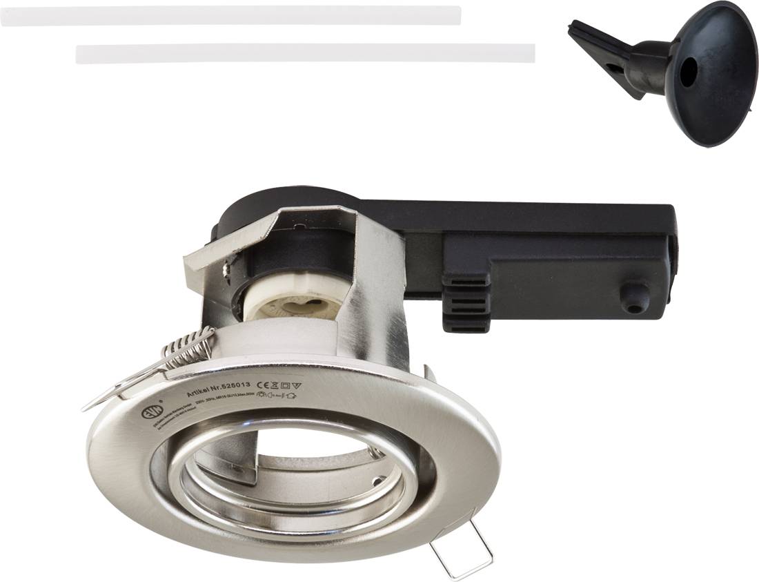 Eingelassene Deckenleuchte mit schwarzem Rahmen und mitgeliefertem Montagezubehör, gezeigt auf weißem Hintergrund.