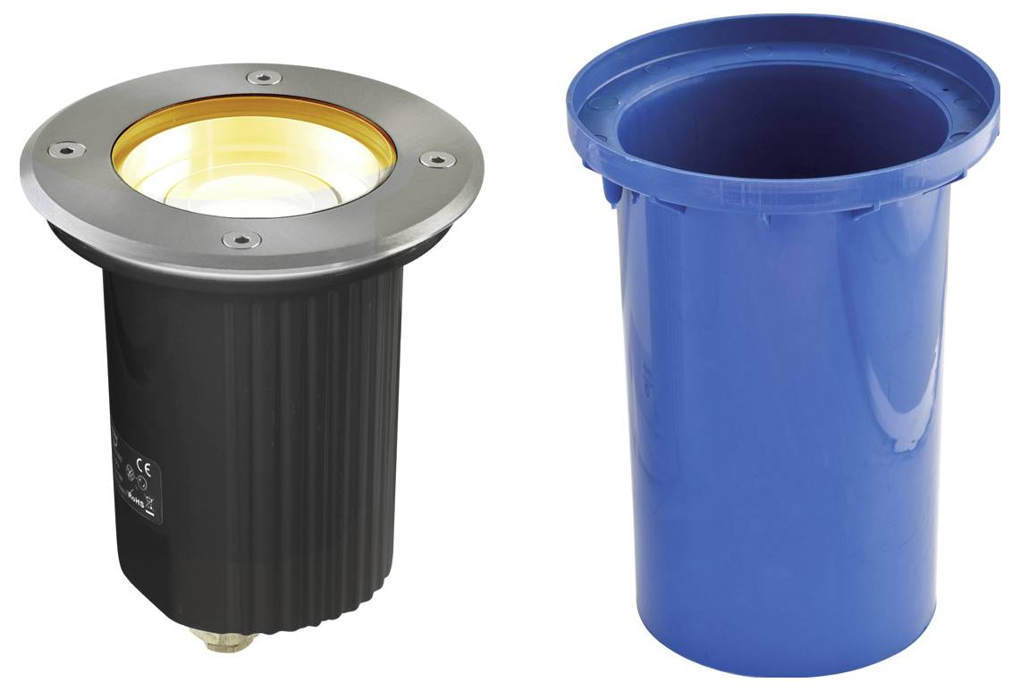 Zwei zylindrische Außenleuchten, eine schwarze mit silbernem Ring und leuchtender Oberseite, und eine blaue Hülse oder Gehäuse daneben abgebildet.