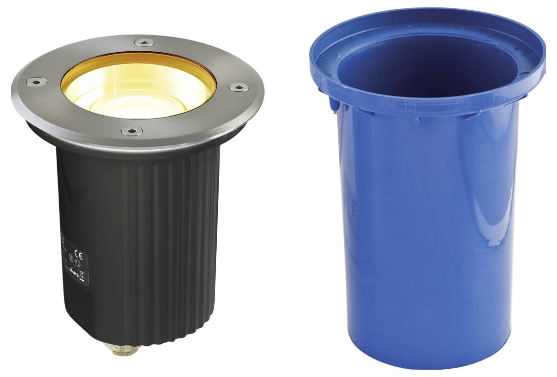 Zwei nebeneinander angebrachte zylindrische Lichtkörper für den Bodeneinbau: eine schwarze Einbau-Leuchte mit leuchtendem goldenem Rand und einer blauen Kunststoffmuffe oder einem blauen Kunststoffeinsatz.