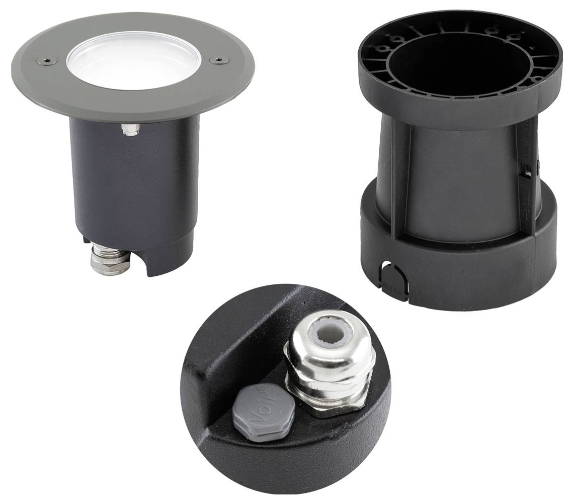 Schwarze zylindrische Einbauleuchte gezeigt von oben, von der Seite und von der Bodenansicht, mit silbernem Zierring und Montagehardware.