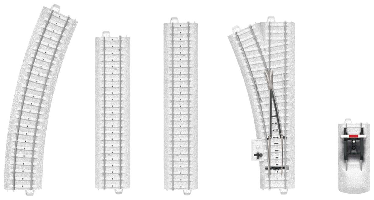 Das Bild zeigt fünf Modelleisenbahnschienen: eine Kurve, zwei gerade Stücke, eine Weiche und einen Prellbock.