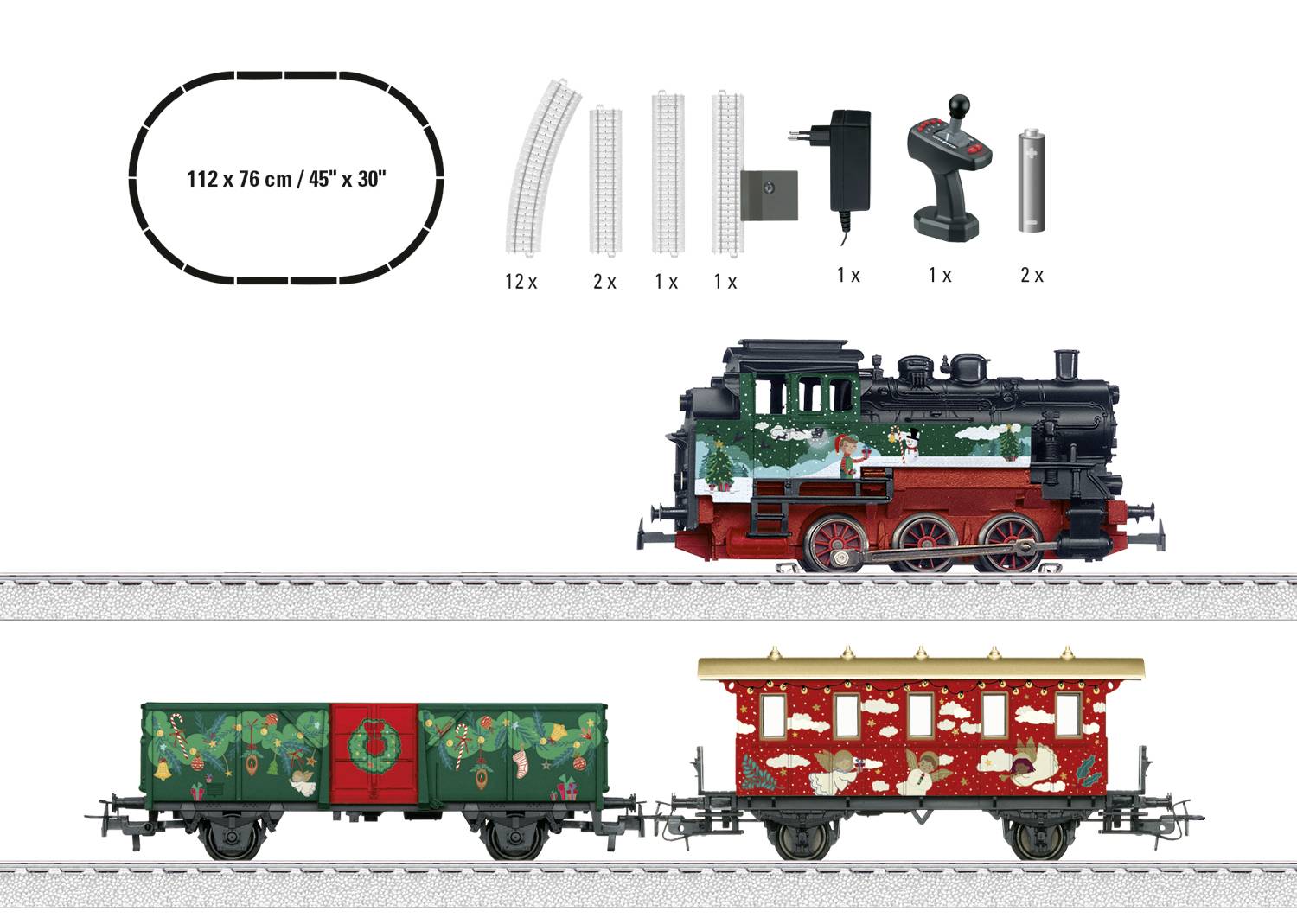 Modelleisenbahn-Set: Enthält eine Dampflokomotive, geschmückte Güterwagen und Schienen. Zubehör: Schienenstücke, Steuerung und Netzteil.