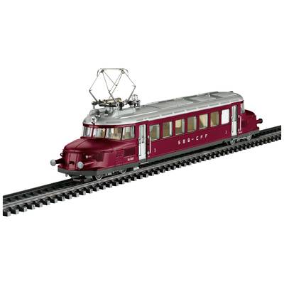 Ein rot-silberner Modellzug der SBB-CFF auf einem Gleis, detailreich gestaltet mit sichtbarer Oberleitung und Beschriftung.