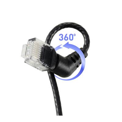 Ein Ethernet-Kabel mit abgewinkeltem Stecker, um 360 Grad drehbar. Gelber Pfeil zeigt die Rotationsrichtung für flexible Nutzung.