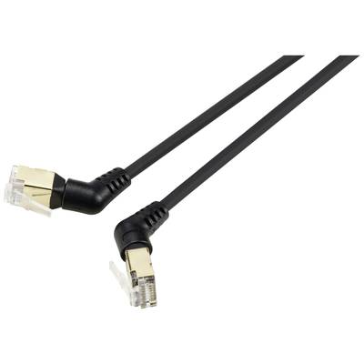 Ein schwarzes Netzwerkkabel mit zwei abgewinkelten, goldfarbenen RJ45-Steckern, für die Datenübertragung in Netzwerken.
