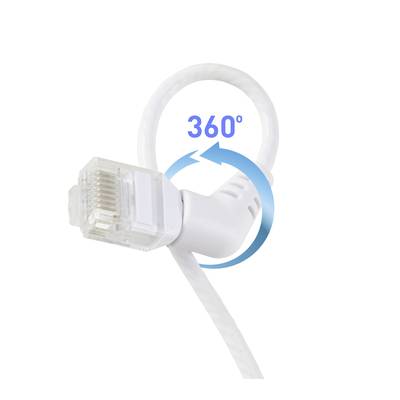 Ein Netzwerkkabel mit drehbarem Stecker. Text '360°' zeigt die Drehbarkeit an.