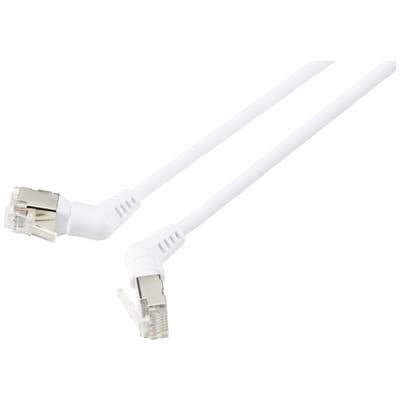 Ein weißes Ethernet-Kabel mit zwei gewinkelten RJ45-Steckern für Netzwerkanbindungen.
