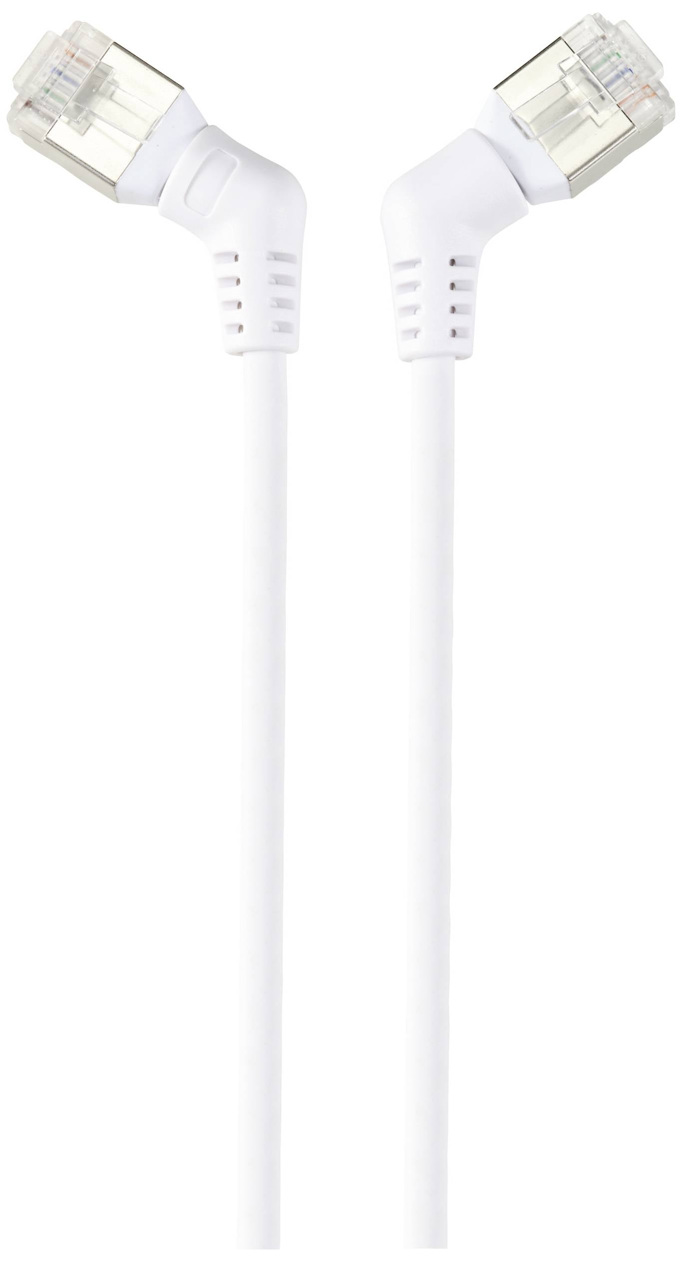 Zwei weiße Ethernet-Kabel mit rechtwinkligen Steckern für eine platzsparende Verbindung.
