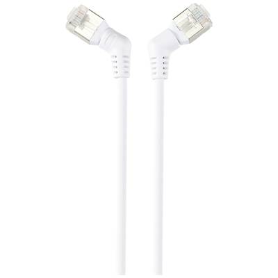 Zwei weiße Ethernet-Kabel mit rechtwinkligen Steckern für eine platzsparende Verbindung.