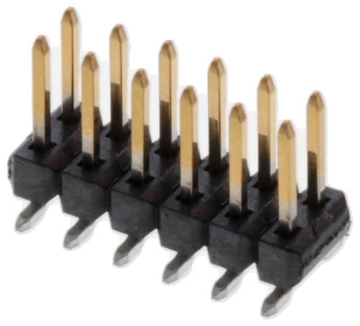 5-poliger Steckerverbinder mit vergoldeten Kontakten und schwarzem Kunststoffsockel, abgewinkeltes Design für PCB-Montage.