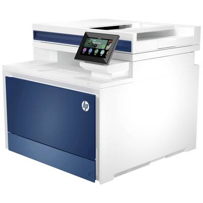 Ein weiß-blauer Multifunktionsdrucker mit Touchscreen-Bedienfeld zeigt verschiedene Symbole.