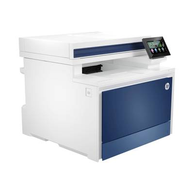 Ein weißer Multifunktionsdrucker mit blauem Akzent und einem digitalen Bedienfeld an der Seite. Geeignet für Büro- und Heimgebrauch.