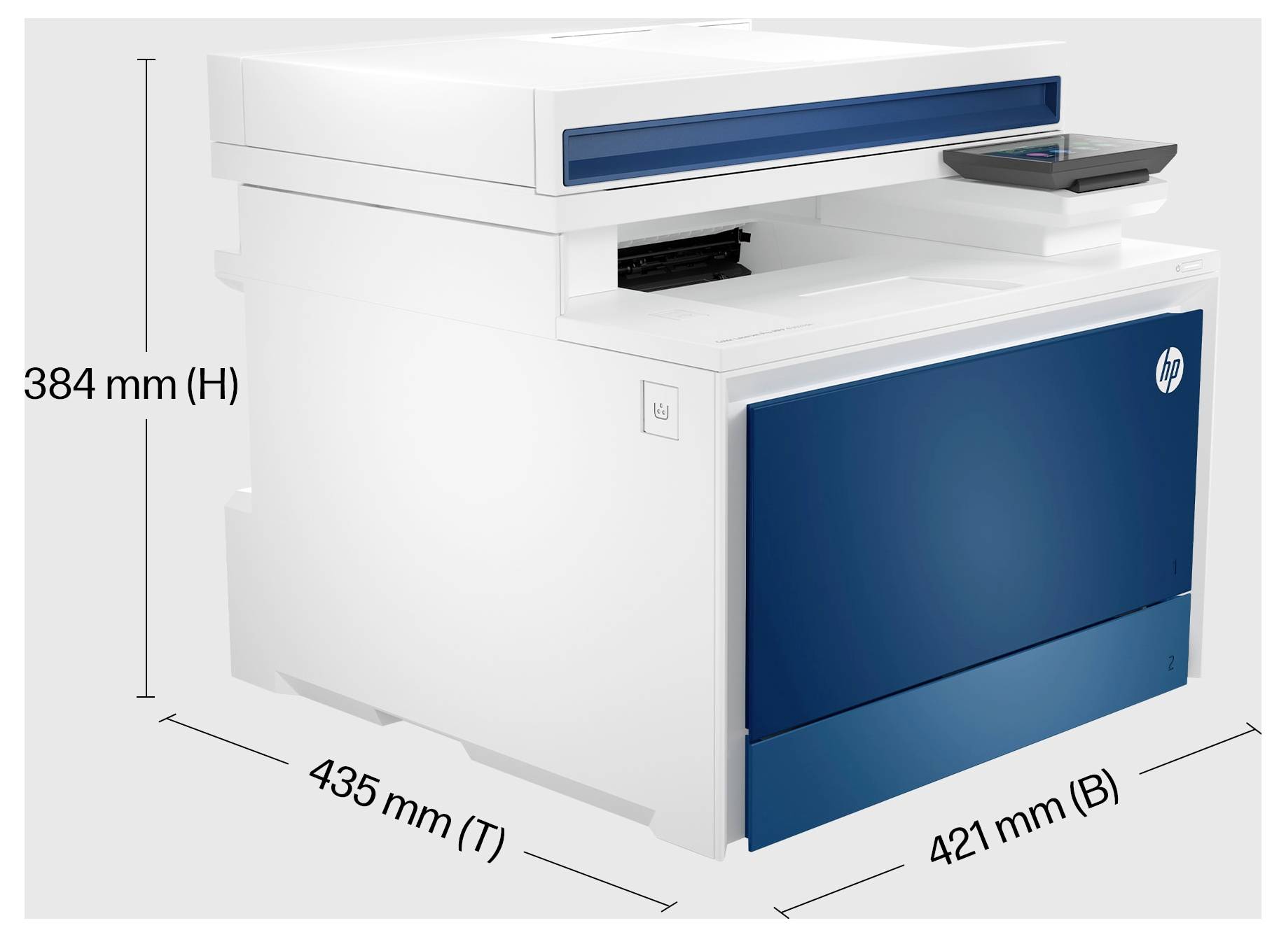 HP Multifunktionsdrucker mit gekennzeichneten Abmessungen: 384 mm hoch, 435 mm tief und 421 mm breit.