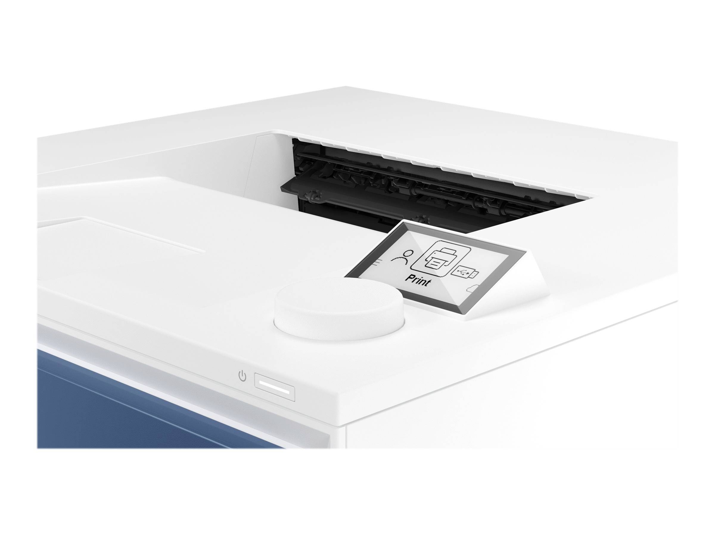 Ein weißer Drucker mit einem kleinen Display, das das Symbol 'Druck' anzeigt. Das Gerät steht auf einer blauen Oberfläche.